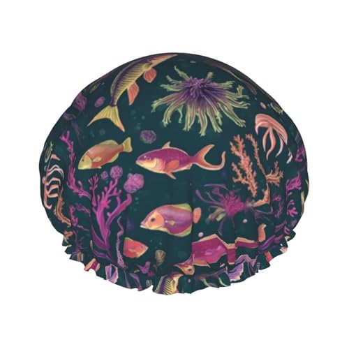 Ocean Unterwasserfisch Wiederverwendbare Duschhaube für Frauen, doppelte wasserdichte Schichten Badehut, Haarbehandlung Essentials von JKXUN