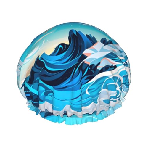 Ocean Wave Wiederverwendbare Duschhaube für Frauen, doppelte wasserdichte Schichten, Badehut, Haarbehandlung Essentials von JKXUN