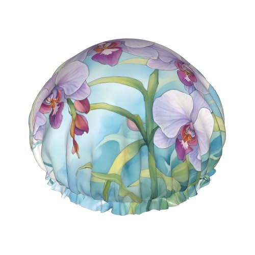 Orchidee Blume Schmetterling Weich Frisch Frühling Wiederverwendbare Duschhaube für Frauen, doppelte wasserdichte Schichten Badehut, Haarbehandlung Essentials von JKXUN