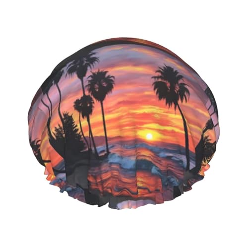Palm Tree Sunset Wiederverwendbare Duschhaube für Frauen, doppelte wasserdichte Schichten, Badehut, Haarbehandlung Essentials von JKXUN