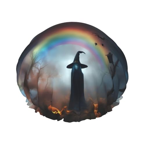 Rainbow Halloween Ghost Witch Hat Spiders Reusable Shower Cap for Women, Double Waterproof Layers Bath Hat, Hair Treatment Essentials von JKXUN