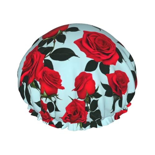 Red Rose Wiederverwendbare Duschhaube für Frauen, doppelte wasserdichte Schichten, Badehut, Haarbehandlung Essentials von JKXUN