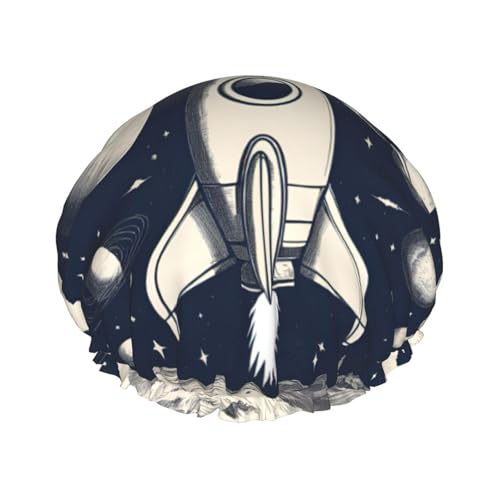 Rocket in Space Wiederverwendbare Duschhaube für Frauen, doppelte wasserdichte Schichten, Badehut, Haarbehandlung Essentials von JKXUN