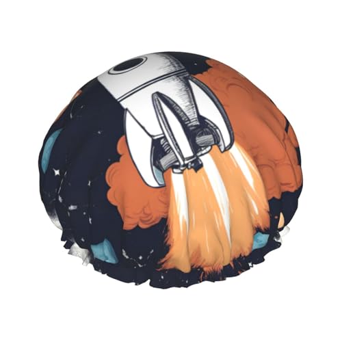Rocket in Space Wiederverwendbare Duschhaube für Frauen, doppelte wasserdichte Schichten, Badehut, Haarbehandlung Essentials von JKXUN