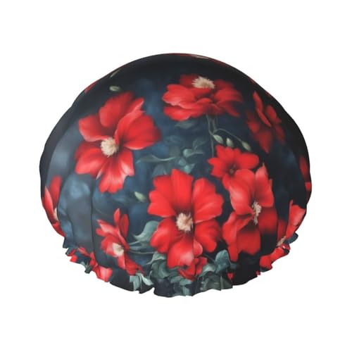 Schöne rote Blume wiederverwendbare Duschhaube für Frauen, doppelte wasserdichte Schichten, Badehut, Haarbehandlung Essentials von JKXUN
