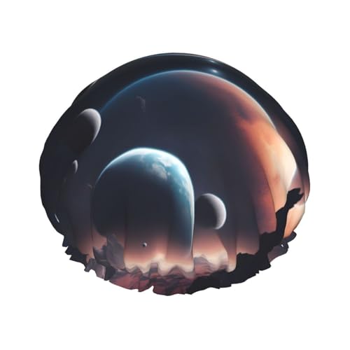 Space Planet Wiederverwendbare Duschhaube für Frauen, doppelte wasserdichte Schichten, Badehut, Haarbehandlung Essentials von JKXUN