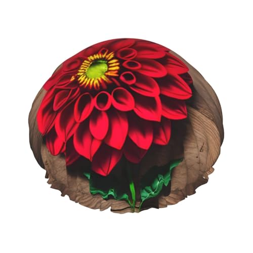 Wooden Board Retro Flower Red Dahlia Reusable Shower Cap for Women, Double Waterproof Layers Bath Hat, Hair Treatment Essentials von JKXUN
