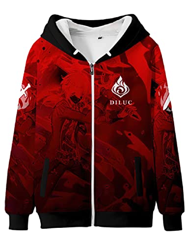 Game Genshin Impact Character Diluc Cosplay Zipper Hoodie,Unisex 3D-Druck Casual Sweatshirt für Diluc Fans, Diluc-3, 4X-Large von JKYP