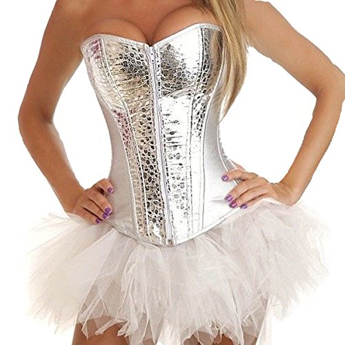 JL Corset Corsage Korsett Gothic Kunstleder Shirt Bustier Korsage Kleid Mini Rock Tutu Tütü (EUR(36-38) L, Silber) von JL Corset