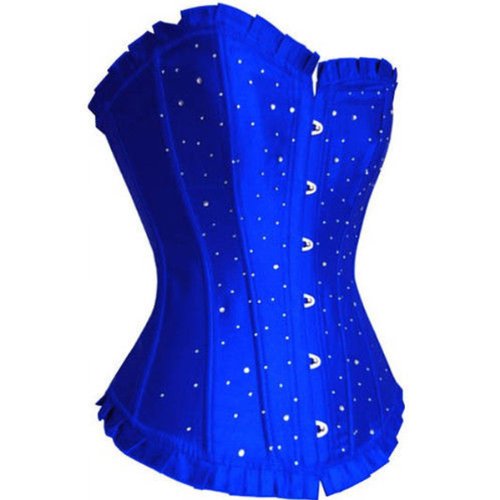 Luxus Dessous Vollbrust Satin Corsage Reizwäsche Strass Schnürung (EUR(38-40) XL,Blau) von JL Corset