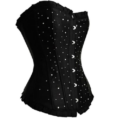 Luxus Dessous Vollbrust Satin Corsage Reizwäsche Strass Schnürung (EUR(46-48)5XL,Schwarz) von JL Corset