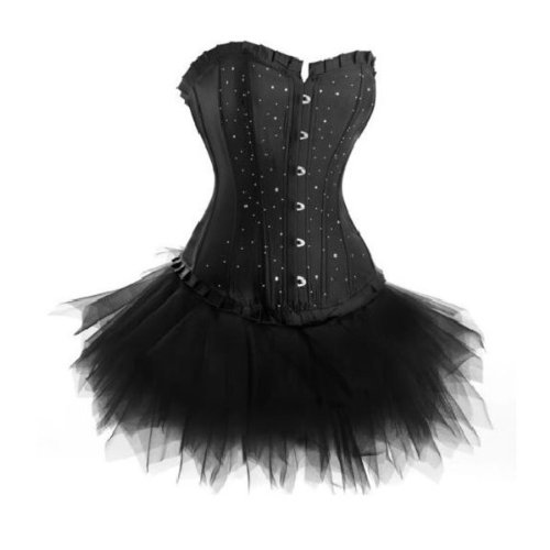 Satin Corsage Strass Korsett Glitzer Dessous und Tutu-Rock aus Tüll (EUR(36-38) L,Schwarz) von JL Corset