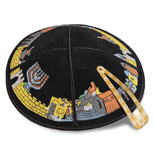 JL Kippha's 16 cm jüdischen Leder Schwarz Kipa Kippah Yarmulke Synagoge Jerusalem Entwurf von JL Kippha's