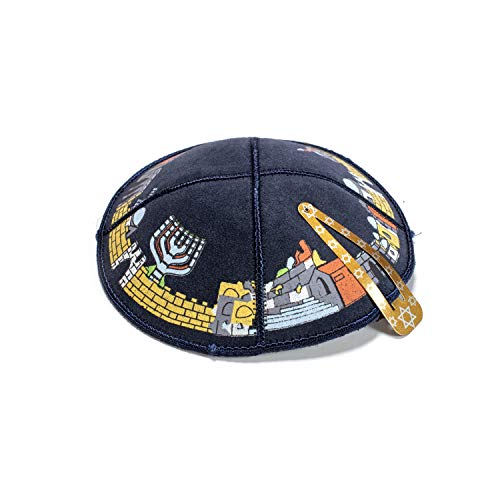 JL Kippha's 16 cm jüdischen Ledermarineblau Kipa Kippah Yarmulke Synagoge Jerusalem Entwurf von JL Kippha's