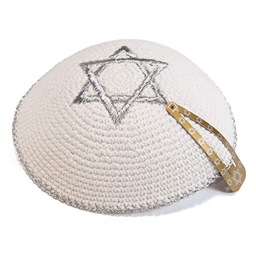 JL Kippha's 17cm Weiß Strick Silber gestickte Magen David Kippah jüdische Kipa für Synagoge von JL Kippha's