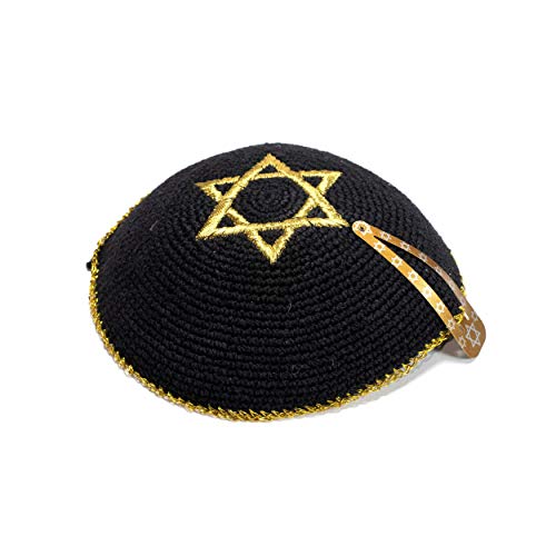JL Kippha's Hochwertige Baumwolle Bestickt Erwachsene Gestrickt Schwarz Gold Davidstern Yarmulke Kippah 17cm von JL Kippha's