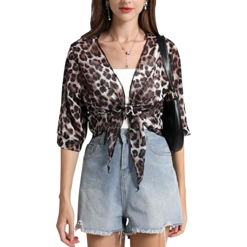Damen Bolero Shrug Soft Chiffon Tie Front Sheer 3/4 Ärmel Cropped Cardigan für Kleid, Leopard, Small von JLDATTIRE