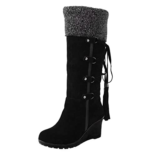 JLGY Stiefeletten Damen Schneestiefel mit Keil Winterstiefel Langschaftstiefel Frauen Wildleder Stiefel Wärme Gefüttert Damenschuhe Quaste Snow Boots Plüsch Winterboots Schlupfstiefel von JLGY