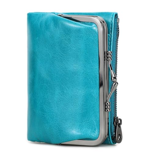 JLISENYIG Damen Bifold Geldbörse Echtes Leder Münzgeldbörse Anti-Diebstahl Bürste First Layer Rindsleder Geldbörse mit Kussschloss Tasche Mode und Einzigartige Form Brieftasche, blau - peacock blue von JLISENYIG