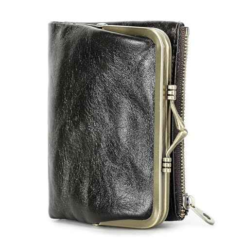 JLISENYIG Damen Bifold Geldbörse Echtes Leder Münzgeldbörse Anti-Diebstahl Bürste First Layer Rindsleder Geldbörse mit Kussschloss Tasche Mode und Einzigartige Form Brieftasche, braun von JLISENYIG