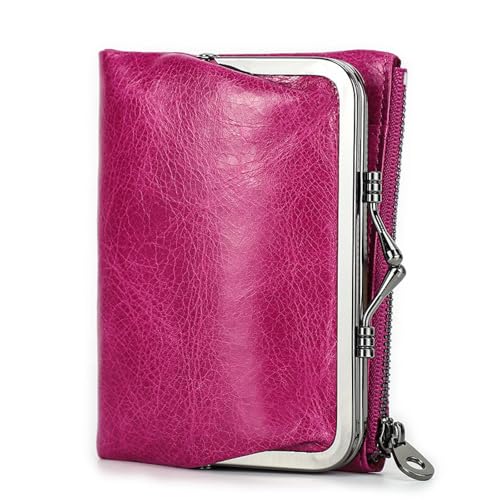 JLISENYIG Damen Bifold Geldbörse Echtes Leder Münzgeldbörse Anti-Diebstahl Bürste First Layer Rindsleder Geldbörse mit Kussschloss Tasche Mode und Einzigartige Form Brieftasche, rosarot von JLISENYIG