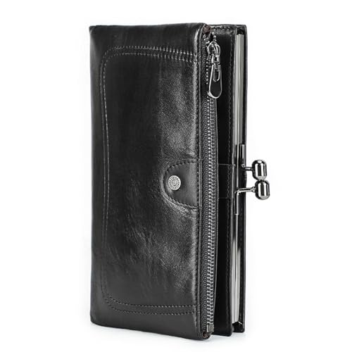 JLISENYIG Geldbörse Damen Groß Bi-Fold Die Erste Schicht Aus Rindsleder High-End-Damengeldbörse Anti-Diebstahl Bürste Lang Echtes Leder Damen Geldbörse Tägliches Matching, Schwarz von JLISENYIG