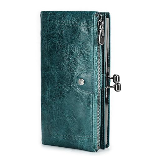 JLISENYIG Geldbörse Damen Groß Bi-Fold Die Erste Schicht Aus Rindsleder High-End-Damengeldbörse Anti-Diebstahl Bürste Lang Echtes Leder Damen Geldbörse Tägliches Matching, blau - peacock blue von JLISENYIG