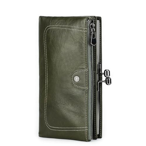 JLISENYIG Geldbörse Damen Groß Bi-Fold Die Erste Schicht Aus Rindsleder High-End-Damengeldbörse Anti-Diebstahl Bürste Lang Echtes Leder Damen Geldbörse Tägliches Matching, grün von JLISENYIG