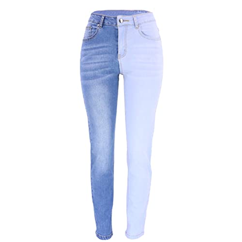 JLKC Modische Damen Denimhose mit Stretch Verlauf und hoher Taille Zweifarbige Straight Denim Jeans,Blue,L von JLKC