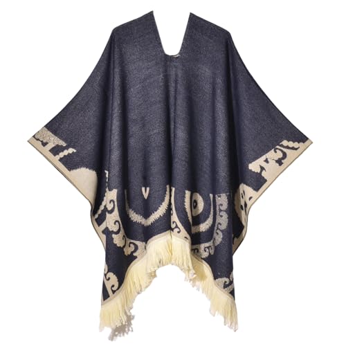 JLNYKADA Damen Poncho Pullover Vielseitiger Schal zum Wickeln mit Fransen für Herbst und Winter （Das original ist dunkelblau ） von JLNYKADA