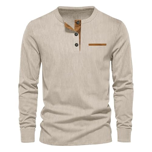 JLNYKADA Hemd Herren Langarm Cord Henley Shirt Freizeithemd Männer Knopf Tops T-Shirt(Beige,XXL) von JLNYKADA