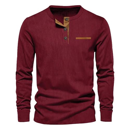 JLNYKADA Hemd Herren Langarm Cord Henley Shirt Freizeithemd Männer Knopf Tops T-Shirt(Weinrot,XL) von JLNYKADA