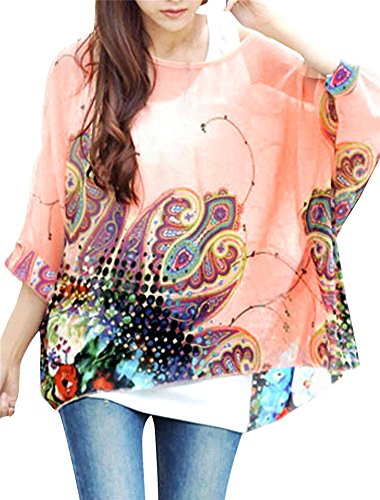 JLTPH Chiffon Böhmen Blusen Damen Boho Blumen Batwing Damenbluse 3/4 Armel Chiffon Bluse T-Shirt Fledermaus (Ohne Weste) (color14) von JLTPH