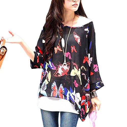 JLTPH Chiffon Böhmen Blusen Damen Tunika Chiffon Damen Boho Blumen Bluse Batwing Damenbluse 3/4 Arm Fledermaus T-Shirt Tops(Ohne Weste) (color3) von JLTPH