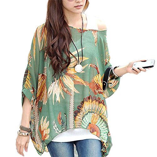 JLTPH Chiffon Böhmen Blusen Damen Tunika Chiffon Damen Boho Blumen Bluse Batwing Damenbluse 3/4 Arm Fledermaus T-Shirt Tops(Ohne Weste) (color4) von JLTPH