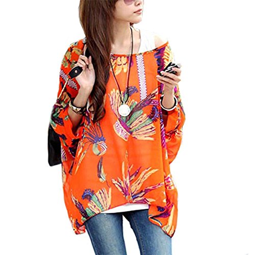 JLTPH Chiffon Böhmen Blusen Damen Tunika Chiffon Damen Boho Blumen Bluse Batwing Damenbluse 3/4 Arm Fledermaus T-Shirt Tops(Ohne Weste) (color6) von JLTPH