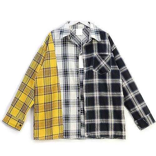 JLTPH Shirt Suga Gleicher Stil Farbabstimmung Lose Kariertes Hemd Plaid Langarmshirt Cardigan Tops Bluse (Aprikose,One Size) von JLTPH