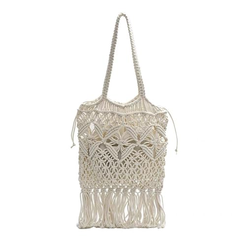JLTPH Bohème Makramee-Baumwollseil-Umhängetasche Handgewebte Tote Mit Fransen, Künstlerische Boho Strandtasche Für Frauen, Hippie Festival Geldbörse, Sommer Umhängetasche(Creamwhite) von JLTPH