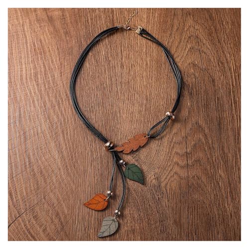 JLTPH Bohemian Wood Halskette Für Frauen – Handgeschnitzter Blattanhänger Mit Perlenverzierung, Tribal-Halskette Für Sommerfestivals, Von Der Natur Inspiriertes Layering-Stück(BrownGray) von JLTPH