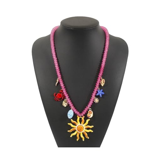 JLTPH Boho Strandkette Für Frauen – Handgefertigte Meerglasperlen Mit Sonnen Herz Und Avocado Anhängern, Verstellbare Mehrreihige Kette, Festival Und Urlaubsschmuck(Sun) von JLTPH