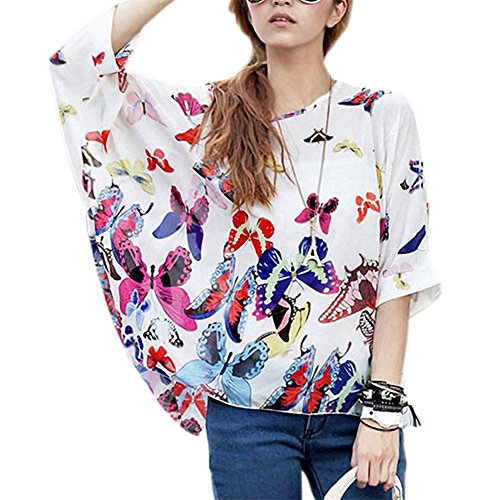 JLTPH Chiffon Böhmen Blusen Damen Boehmen Blumen Bluse Chiffon Tunika Kaftan T-Shirt Poncho Fledermaus Batwing Damenbluse 3/4 Armel (Ohne Weste) (color26) von JLTPH