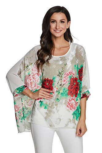 JLTPH Chiffon Böhmen Blusen Damen Boehmen Blumen Bluse Damen Boho Bluse Batwing Damenbluse 3/4 Armel Chiffon Bluse T-Shirt Fledermaus (Ohne Weste) von JLTPH