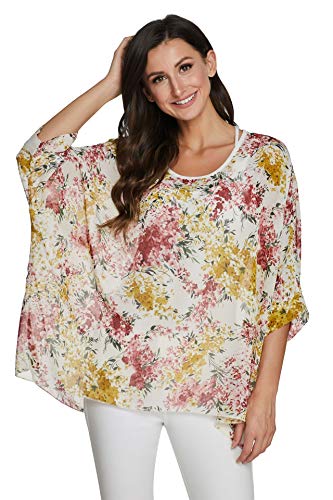 JLTPH Chiffon Böhmen Blusen Damen Boehmen Blumen Bluse Damen Boho Bluse Batwing Damenbluse 3/4 Armel Chiffon Bluse T-Shirt Fledermaus (Ohne Weste) von JLTPH