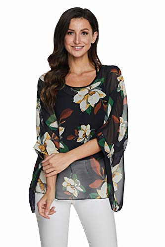 JLTPH Chiffon Böhmen Blusen Damen Boehmen Blumen Bluse Damen Boho Bluse Chiffon Tunika Kaftan T-Shirt Poncho Fledermaus Batwing Damenbluse 3/4 Armel (Ohne Weste) von JLTPH