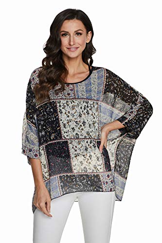 JLTPH Damen Chiffon Bluse mit floralem Allover Print, Multicolored, One Size (Fits Women's 36-38), 3/4 Ärmel, Hocher Kragen, Tunika, Sommer, Luftig-leichten Chiffon-Style, leicht transparent von JLTPH