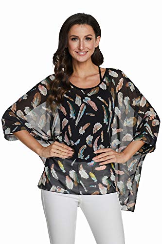 JLTPH Chiffon Böhmen Blusen Damen Boehmen Blumen Bluse Damen Boho Bluse Chiffon Tunika Kaftan T-Shirt Poncho Fledermaus Batwing Damenbluse 3/4 Armel (Ohne Weste) von JLTPH