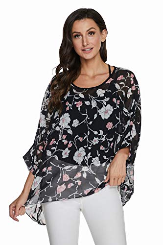 JLTPH Chiffon Böhmen Blusen Damen Boehmen Blumen Bluse Damen Boho Bluse Chiffon Tunika Kaftan T-Shirt Poncho Fledermaus Batwing Damenbluse 3/4 Armel (Ohne Weste) von JLTPH