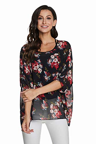 JLTPH Chiffon Böhmen Blusen Damen Boehmen Blumen Bluse Damen Boho Bluse Chiffon Tunika Kaftan T-Shirt Poncho Fledermaus Batwing Damenbluse 3/4 Armel (Ohne Weste) von JLTPH