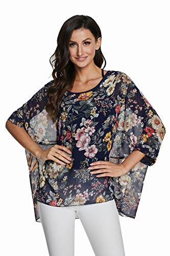 JLTPH Chiffon Böhmen Blusen Damen Boehmen Blumen Bluse Damen Boho Bluse Chiffon Tunika Kaftan T-Shirt Poncho Fledermaus Batwing Damenbluse 3/4 Armel (Ohne Weste) von JLTPH