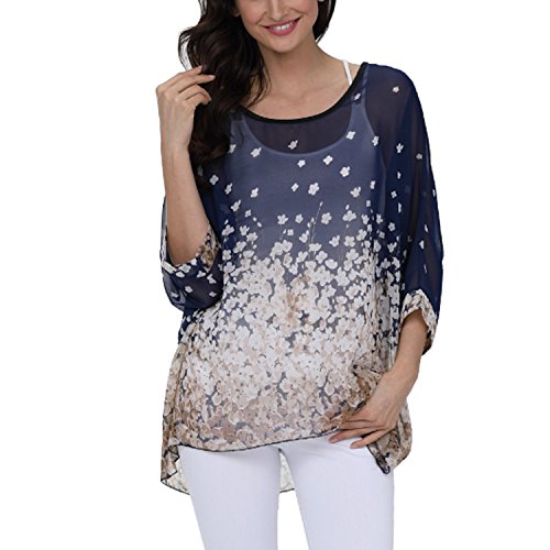 JLTPH Chiffon Böhmen Blusen Damen Boho Blumen Batwing Damenbluse 3/4 Armel Chiffon Bluse T-Shirt Fledermaus (Ohne Weste) von JLTPH